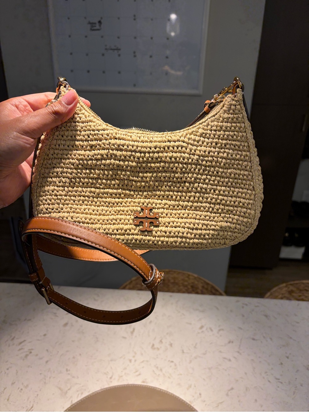 Tory Burch Natural Straw Crossbody with Brown Leather Strap - Picture 3 of 6